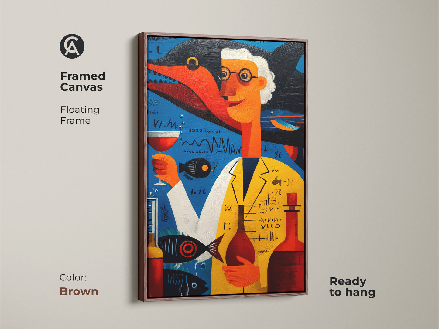 Framed canvas showcasing surreal scientist and shark art. The brown floating frame complements the whimsical marine artwork. This science themed office decor adds a creative touch. A unique gift for art lovers.