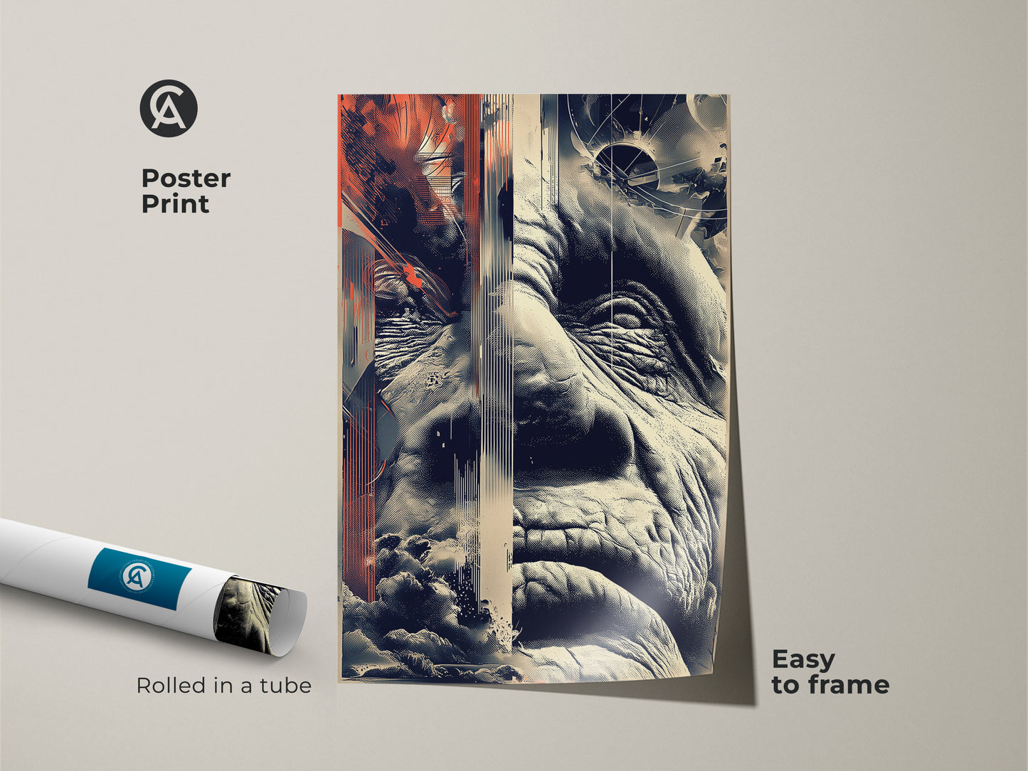 This rolled poster showcases glitch art of an old man's face. The print combines geometric patterns in terracotta beige and navy. It's an abstract portrait perfect for framing. Ideal eclectic style wall decor.