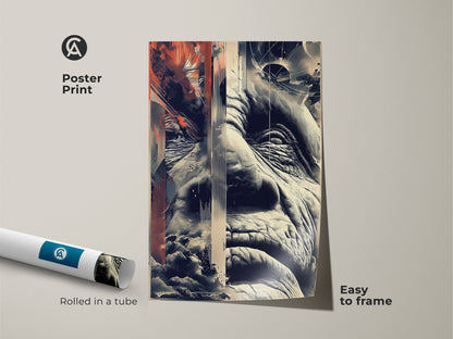 This rolled poster showcases glitch art of an old man's face. The print combines geometric patterns in terracotta beige and navy. It's an abstract portrait perfect for framing. Ideal eclectic style wall decor.
