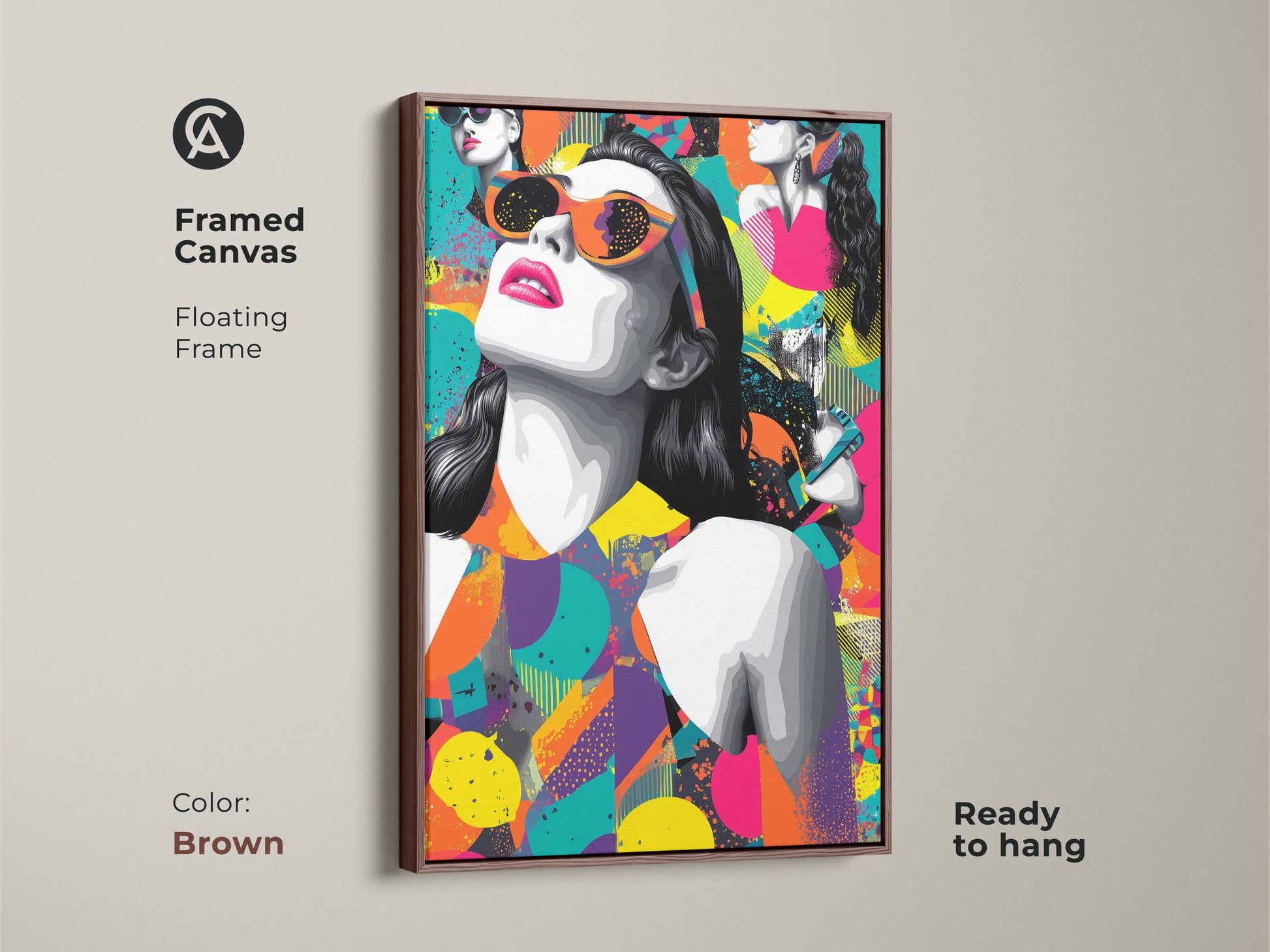 Framed canvas of a pop art woman with retro sunglasses. The eclectic abstract art has a brown floating frame. It's ready to hang. The magenta orange and teal colors make it a unique gift.