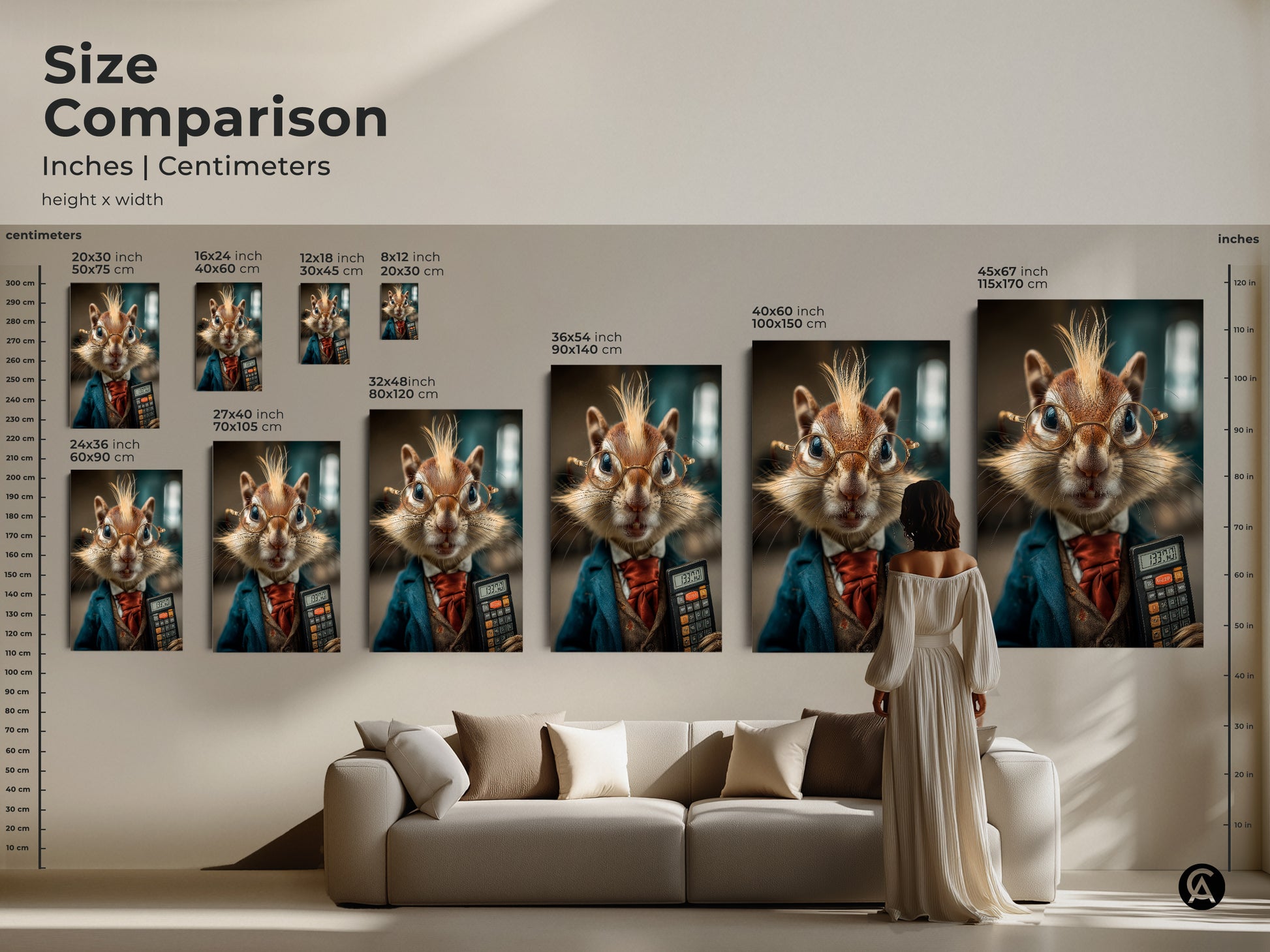 Size comparison of anthropomorphic chipmunk artwork. See how different sizes fit above a couch. Transform your living space with this eclectic home decor print. Shop sizes for canvas and poster now.