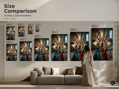 Size comparison of anthropomorphic chipmunk artwork. See how different sizes fit above a couch. Transform your living space with this eclectic home decor print. Shop sizes for canvas and poster now.