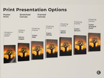 Print presentation options for African Sunset Baobab Tree artwork. Choose from poster print stretched canvas or framed canvas. Available with various frame colors like black brown antique gold and oak.