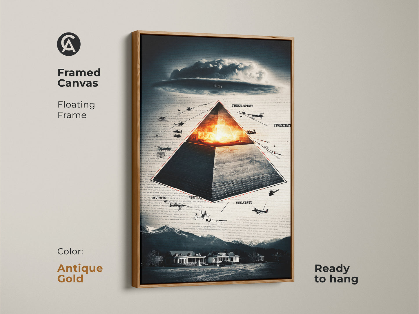 Framed in antique gold this canvas presents surreal pyramid aircraft art. The floating frame enhances its conceptual aesthetic. The artwork is rich in symbolism & themes of history & conspiracy. Deep blue orange & gray bring depth. This art is a unique gift for conspiracy theorists. It's perfect for office wall decor