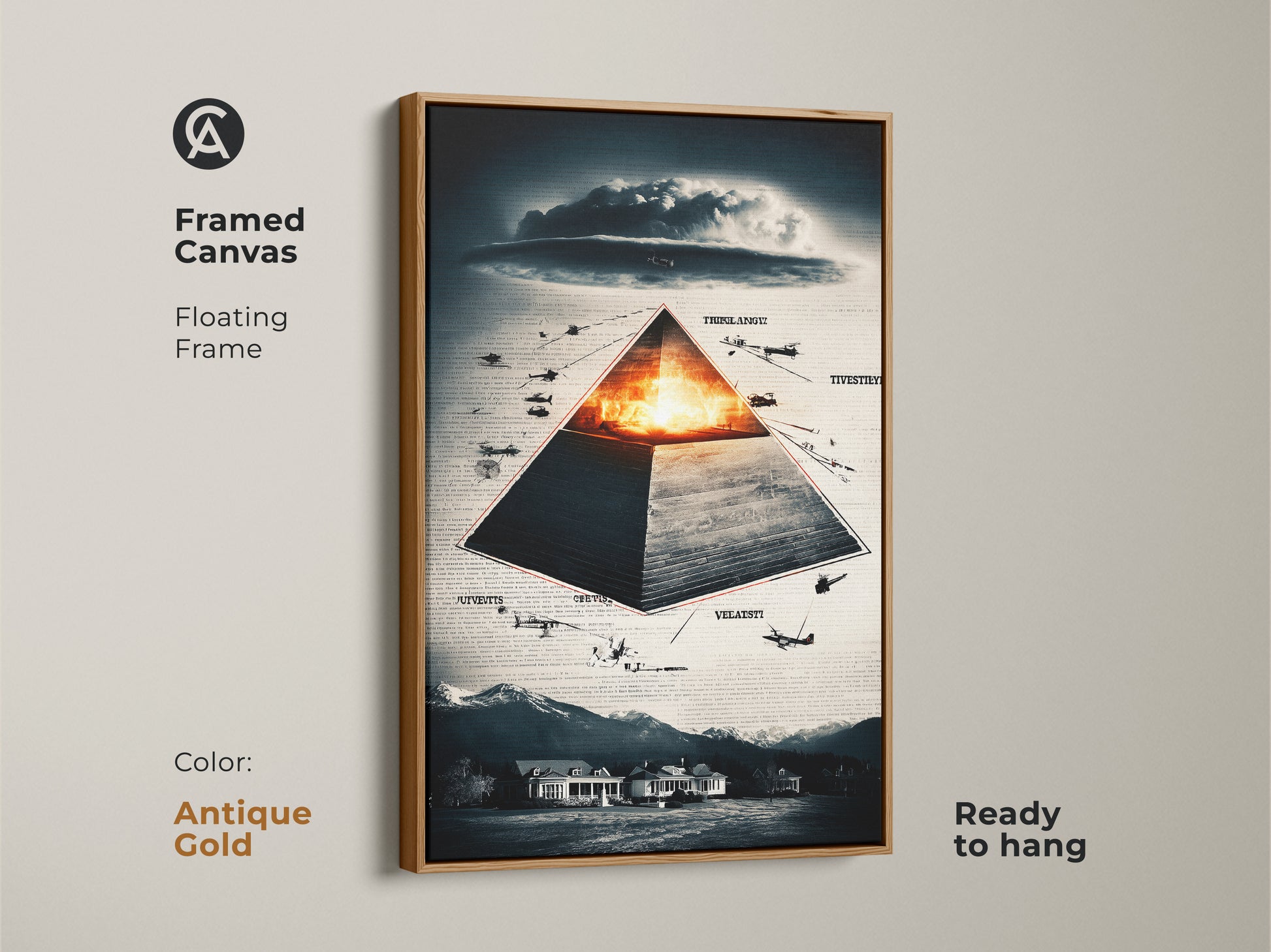 Framed in antique gold this canvas presents surreal pyramid aircraft art. The floating frame enhances its conceptual aesthetic. The artwork is rich in symbolism & themes of history & conspiracy. Deep blue orange & gray bring depth. This art is a unique gift for conspiracy theorists. It's perfect for office wall decor