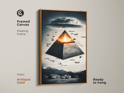 Framed in antique gold this canvas presents surreal pyramid aircraft art. The floating frame enhances its conceptual aesthetic. The artwork is rich in symbolism & themes of history & conspiracy. Deep blue orange & gray bring depth. This art is a unique gift for conspiracy theorists. It's perfect for office wall decor