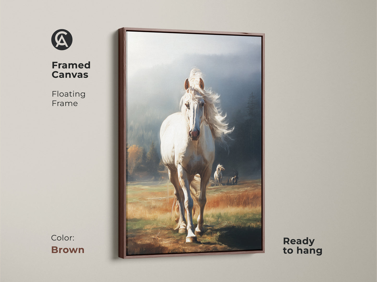Brown framed canvas of a white horse. The floating frame art is ready to hang. The earthy tones enhance the rustic decor. This equestrian gift features a misty blue and golden yellow landscape.