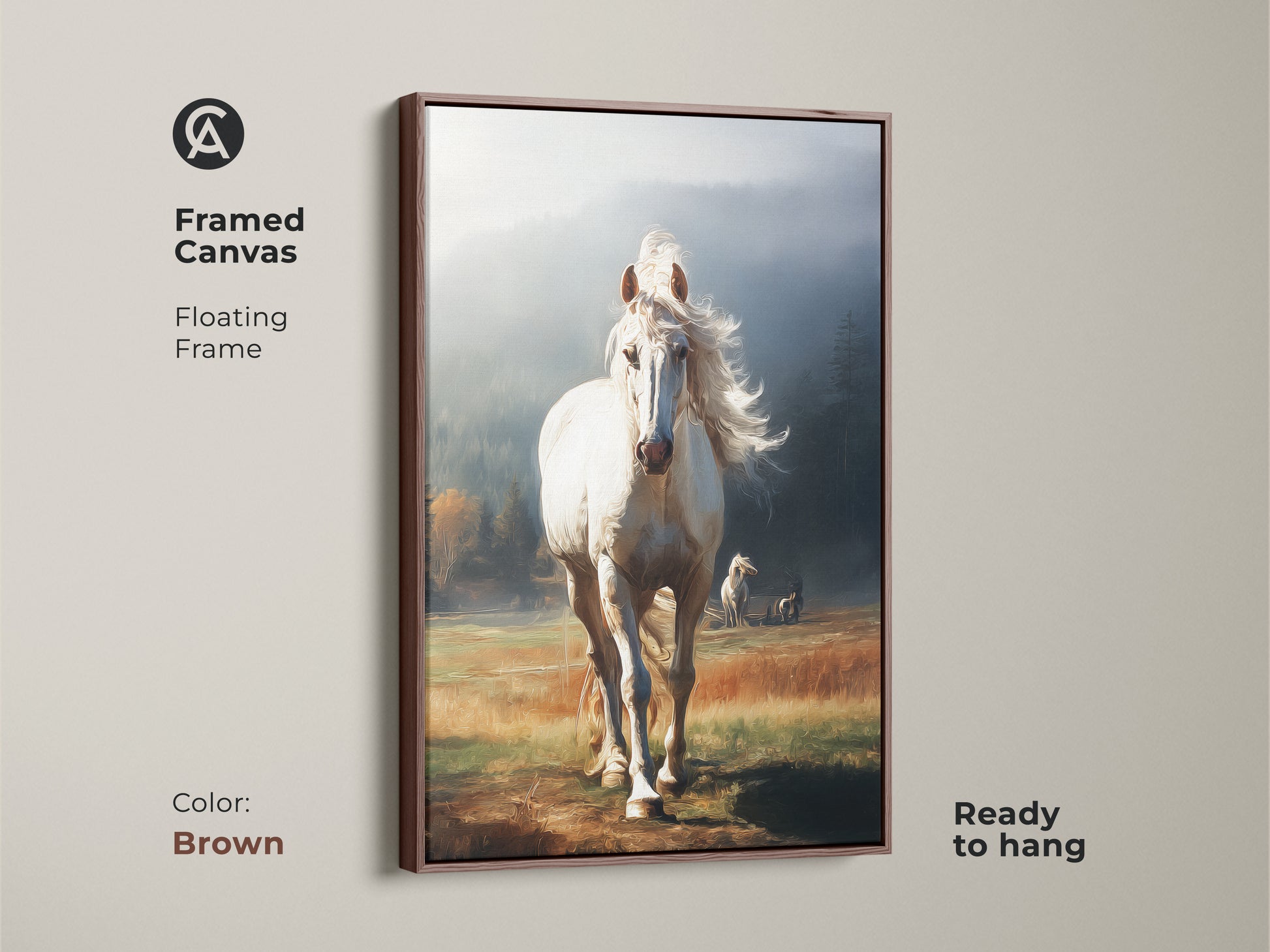 Brown framed canvas of a white horse. The floating frame art is ready to hang. The earthy tones enhance the rustic decor. This equestrian gift features a misty blue and golden yellow landscape.