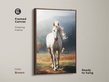 Brown framed canvas of a white horse. The floating frame art is ready to hang. The earthy tones enhance the rustic decor. This equestrian gift features a misty blue and golden yellow landscape.