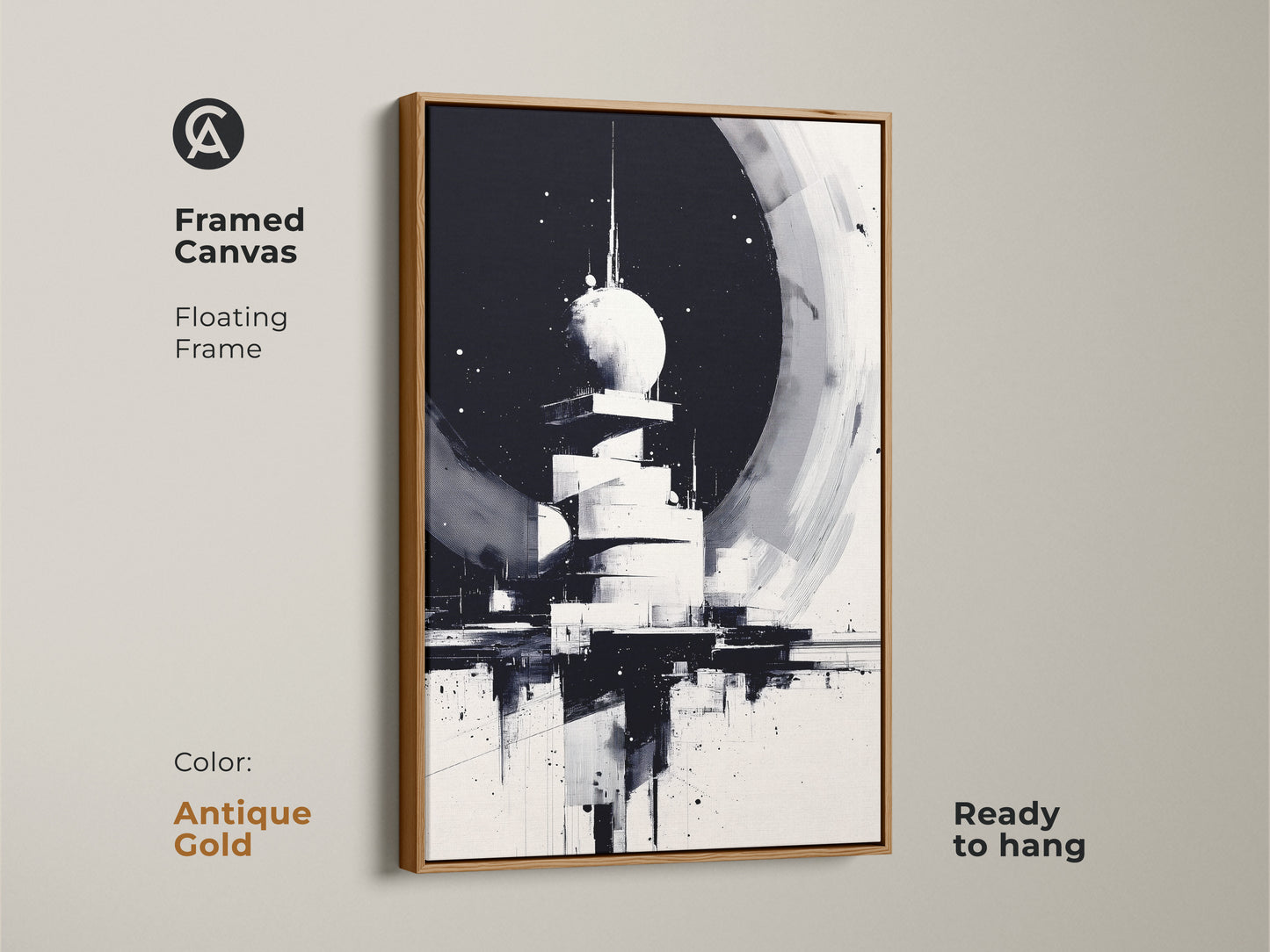 Antique Gold Framed Canvas with Floating Frame.  This abstract tower artwork features a monochrome cityscape. The Black & White art will bring sophisticated detail and a classic monochrome look to any room. Ready to hang.