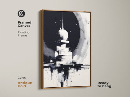 Antique Gold Framed Canvas with Floating Frame.  This abstract tower artwork features a monochrome cityscape. The Black & White art will bring sophisticated detail and a classic monochrome look to any room. Ready to hang.