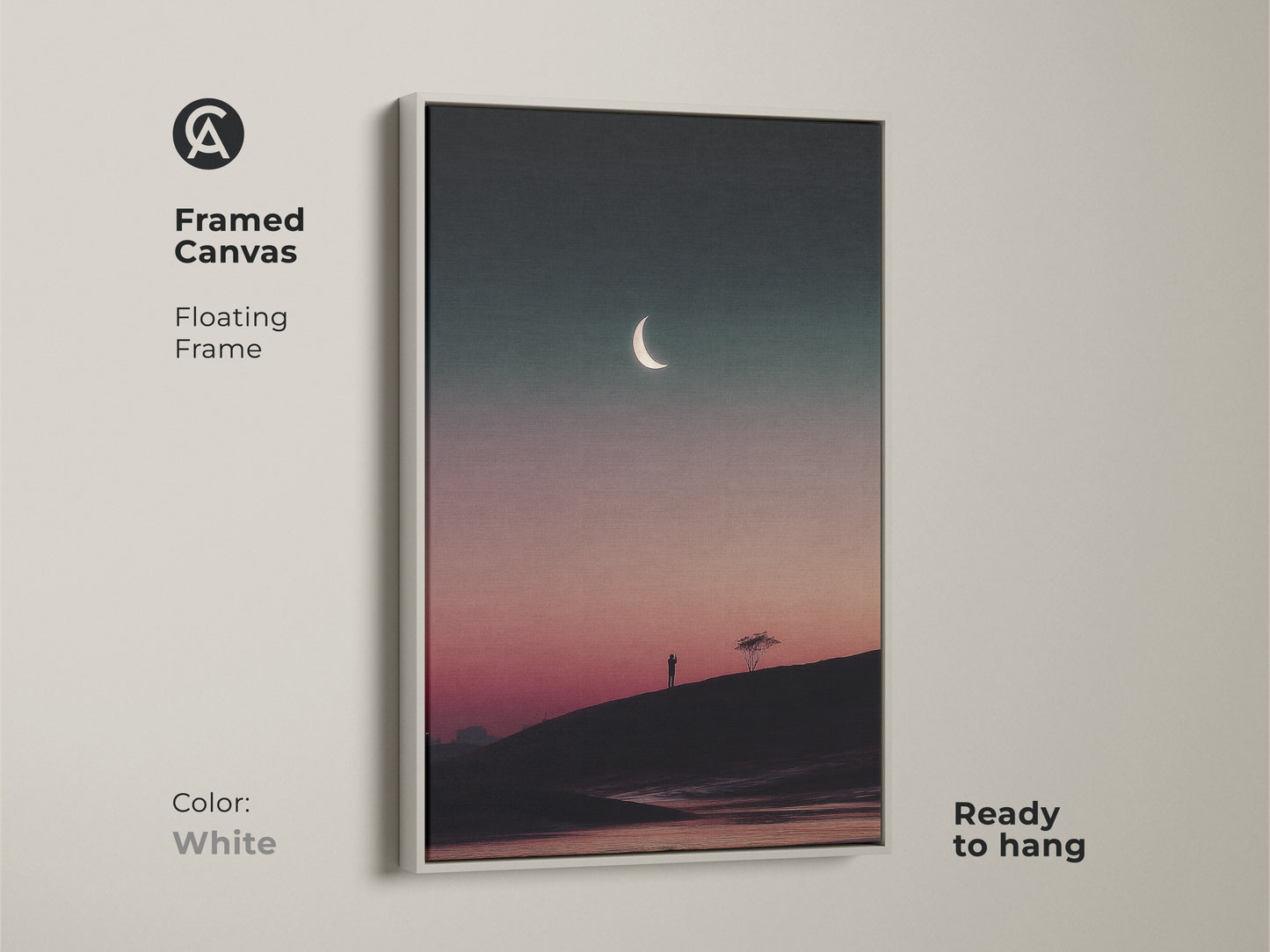 White framed canvas print of a dark teal and pink celestial landscape. This minimalist moon tree art brings a touch of surreal wall decor. Ready to hang this contemporary art enhances any space. A great gift.