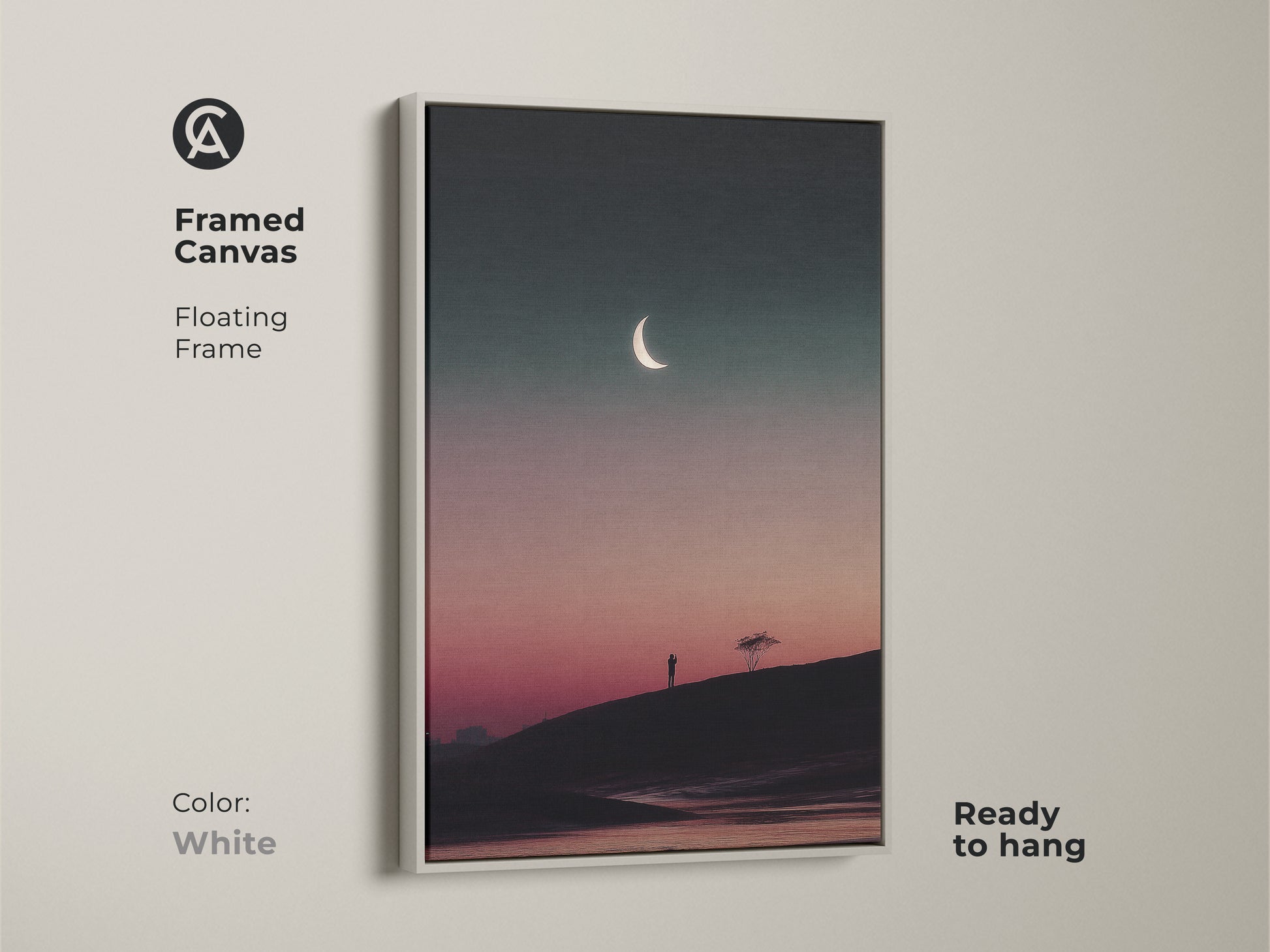 White framed canvas print of a dark teal and pink celestial landscape. This minimalist moon tree art brings a touch of surreal wall decor. Ready to hang this contemporary art enhances any space. A great gift.