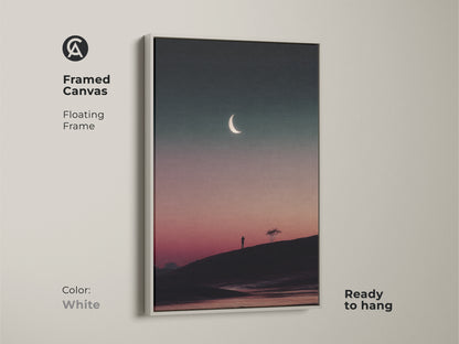White framed canvas print of a dark teal and pink celestial landscape. This minimalist moon tree art brings a touch of surreal wall decor. Ready to hang this contemporary art enhances any space. A great gift.