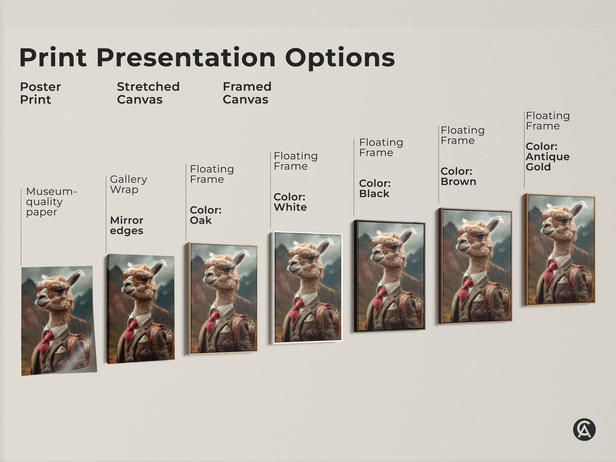 Explore print presentation options with this dapper llama artwork. Choose from poster prints stretched canvas and framed canvas. Each adds sophistication to your study or office decor. The animal portrait style and tan cream brown colors create a unique look. This eclectic home art is perfect as a gift.