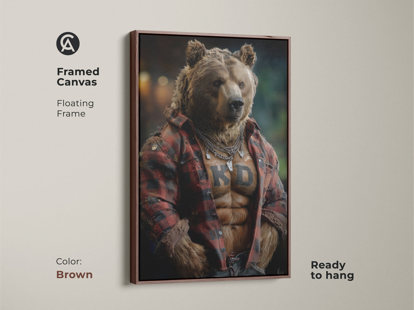 Framed canvas of a strong bear artwork with a brown floating frame. The artwork shows a bear in a flannel shirt with chains. It adds a touch of bold personality to any room. Ready to hang for convenience.