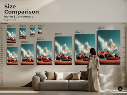 Experience the excitement of Formula 1 with our red race car canvas art. The dynamic art print features a mountain backdrop and teal sky. Perfect for office or home decor. This high-quality motorsport print brings speed and energy to any room. A great gift for car enthusiasts.