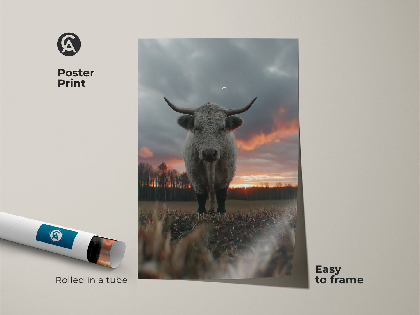 Poster print of a Highland cow against a sunset. This farmhouse artwork is rolled in a tube for easy framing. Ideal for animal lovers seeking rustic wall art. The soft grey cow and orange sky bring nature indoors. A perfect housewarming gift.