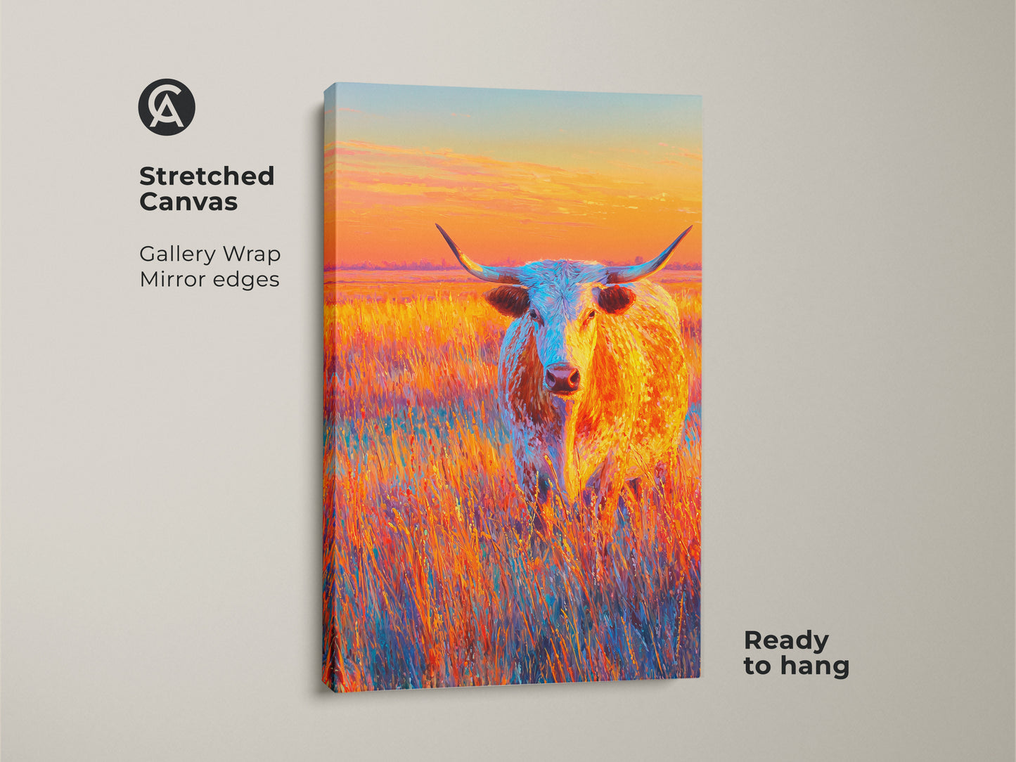 Stretched canvas artwork of a longhorn in a field. The artwork features a blue and white longhorn with striking horns. The sky is a mix of orange and yellow. Ready to hang with gallery wrapped mirror edges.