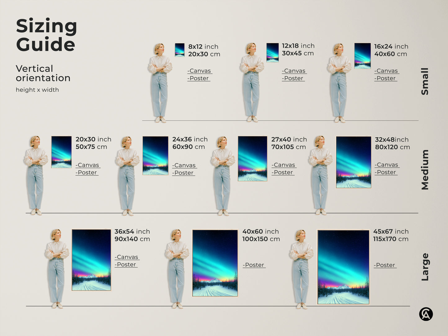 Sizing guide for vertical orientation of aurora borealis canvas and poster prints. Available in small medium and large sizes. Snowy mountain landscape art enhances any space. Teal blue purple night sky art for bedroom decor.