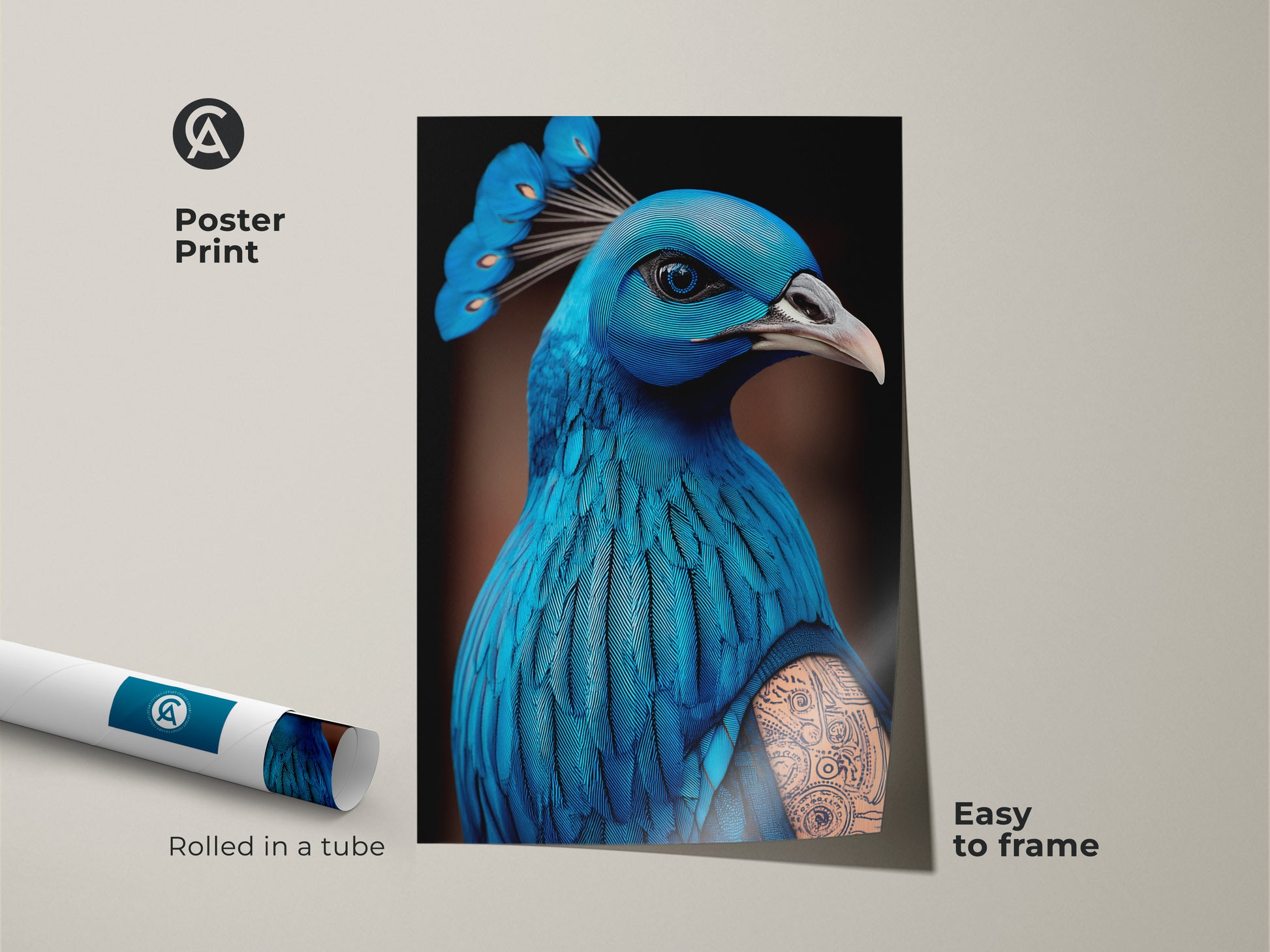 Poster print showcasing a surreal peacock in electric blue and cyan shades. Rolled in a tube this tattoo art style bird artwork is easy to frame. An eclectic home decor poster. A unique fantasy art gift for housewarming.