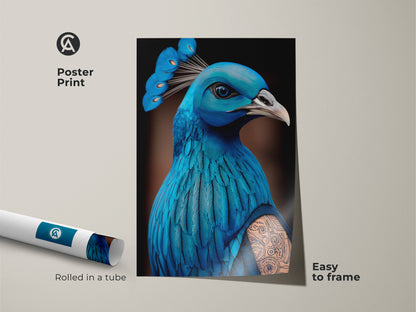 Poster print showcasing a surreal peacock in electric blue and cyan shades. Rolled in a tube this tattoo art style bird artwork is easy to frame. An eclectic home decor poster. A unique fantasy art gift for housewarming.