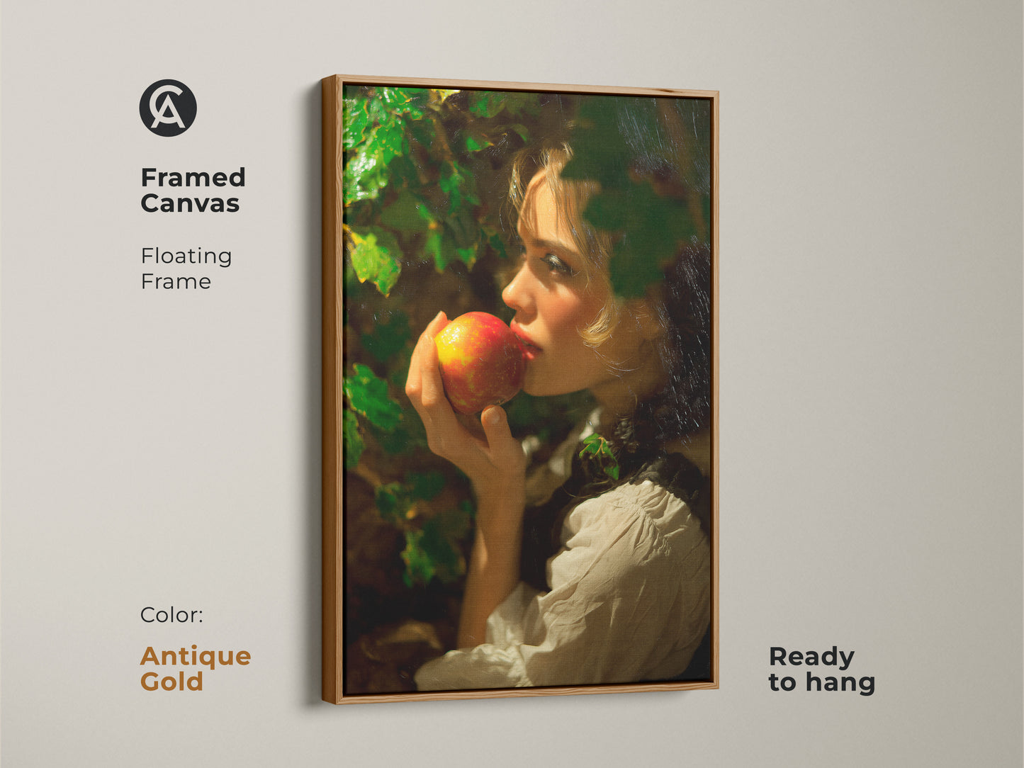 Framed canvas with an antique gold floating frame featuring a woman with an apple in a classical realism style. Ready to hang this traditional artwork adds an elegant touch. The red gold and green hues complement any room.