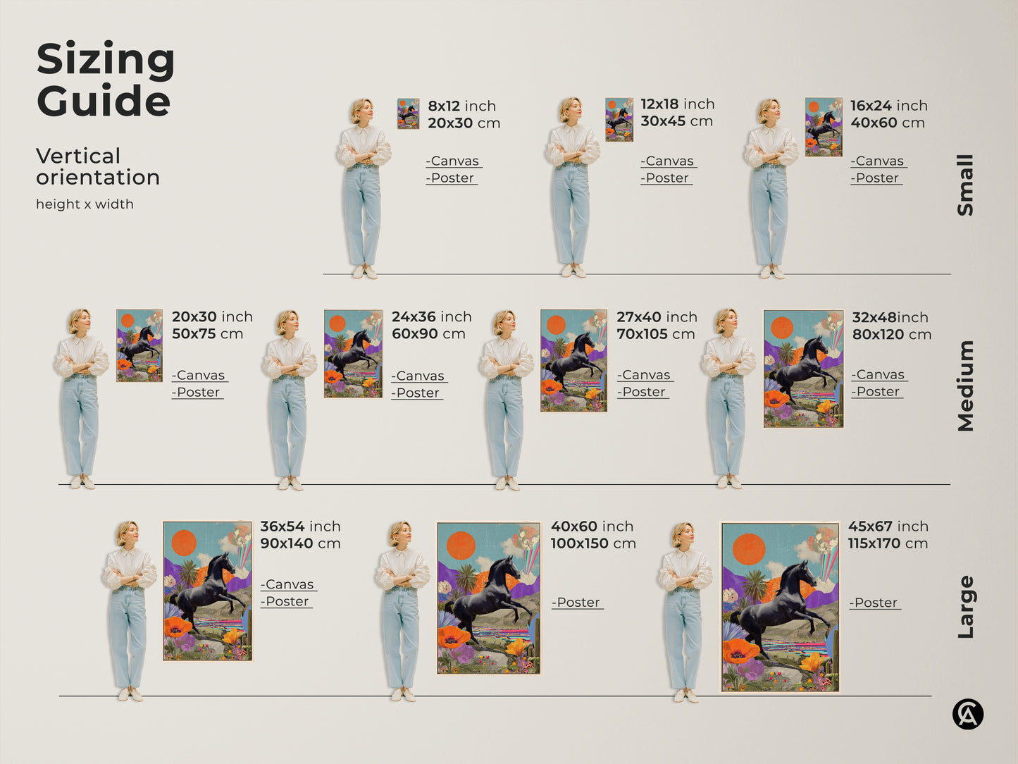 Sizing guide for surreal horse collage art prints. Available as canvas or poster in sizes from small to large. Find the perfect fit for your space with vertical orientation height and width options.