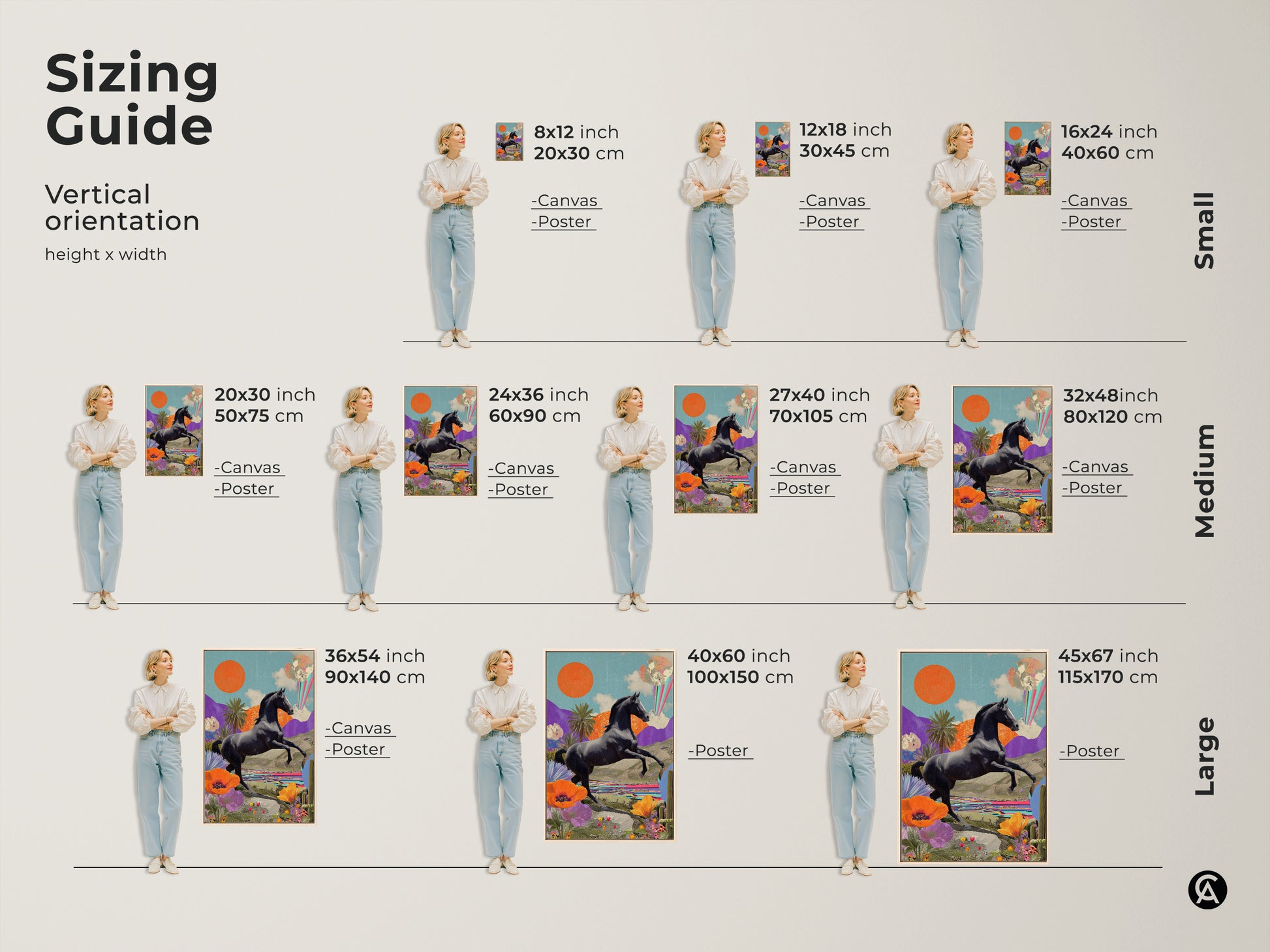 Sizing guide for surreal horse collage art prints. Available as canvas or poster in sizes from small to large. Find the perfect fit for your space with vertical orientation height and width options.