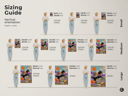 Sizing guide for surreal horse collage art prints. Available as canvas or poster in sizes from small to large. Find the perfect fit for your space with vertical orientation height and width options.