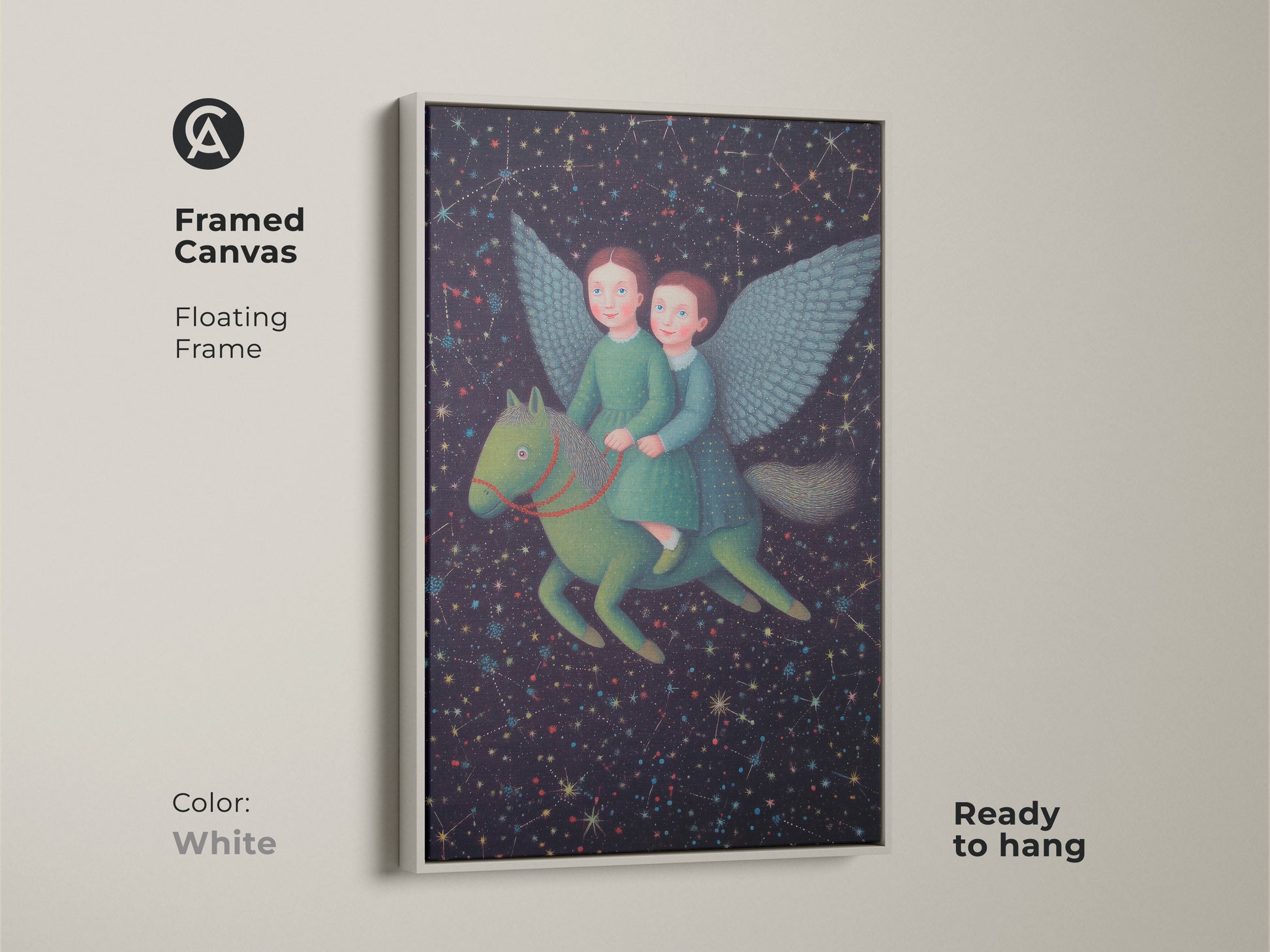 This framed canvas print features two girls riding a Pegasus through a starry night sky. The floating frame is a clean white. This fantasy artwork brings a whimsical touch to any kids room or nursery. The print is ready to hang and enjoy.