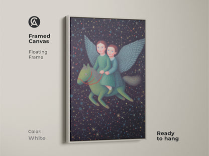 This framed canvas print features two girls riding a Pegasus through a starry night sky. The floating frame is a clean white. This fantasy artwork brings a whimsical touch to any kids room or nursery. The print is ready to hang and enjoy.