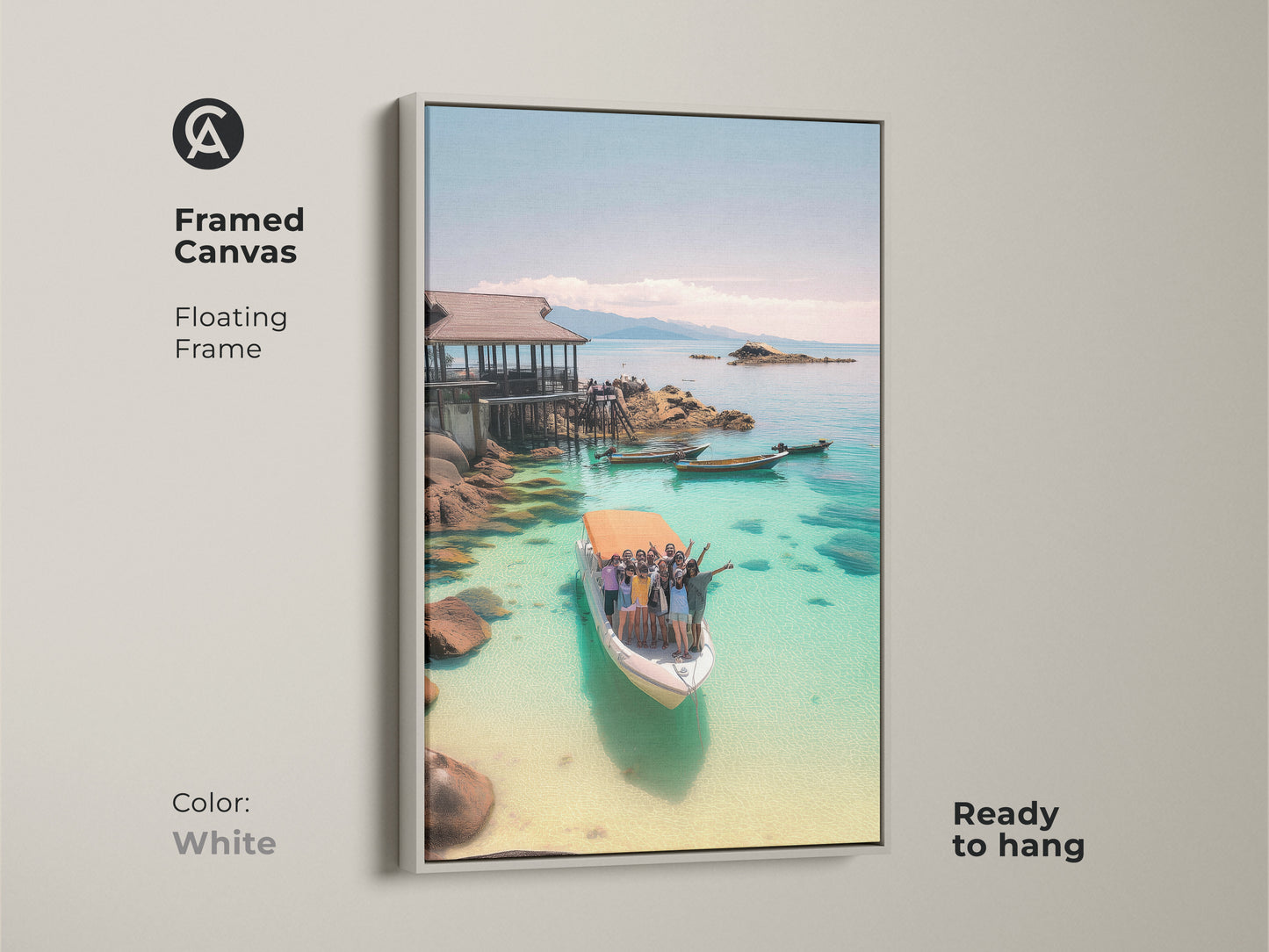 Framed Canvas with White Floating Frame. Turquoise Ocean Boat Art Print. Ready to hang. This coastal home decor art features a tropical vacation scene. The photography captures clear water and a boat trip with people.