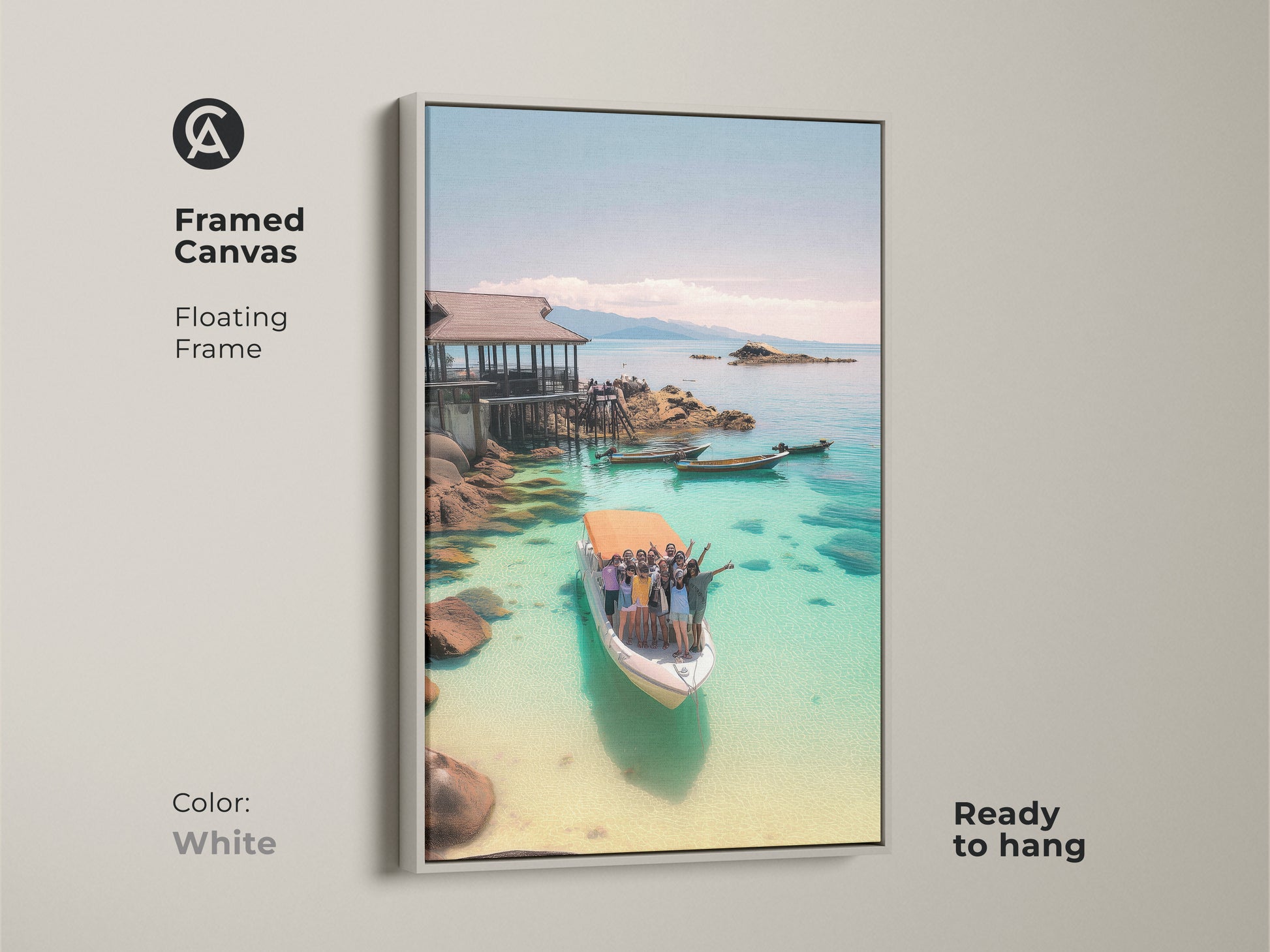 Framed Canvas with White Floating Frame. Turquoise Ocean Boat Art Print. Ready to hang. This coastal home decor art features a tropical vacation scene. The photography captures clear water and a boat trip with people.
