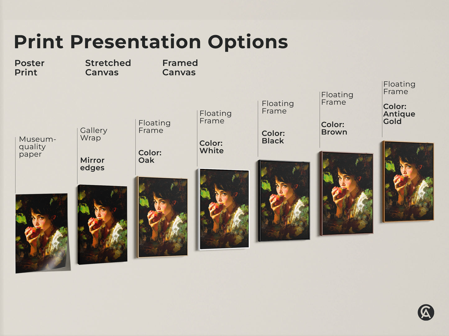 Print presentation options for the Chiaroscuro Apple Girl Art. Choose from poster print stretched canvas or framed canvas. Available with various floating frame colors like black brown antique gold and white. Find the perfect museum quality paper or gallery wrap.