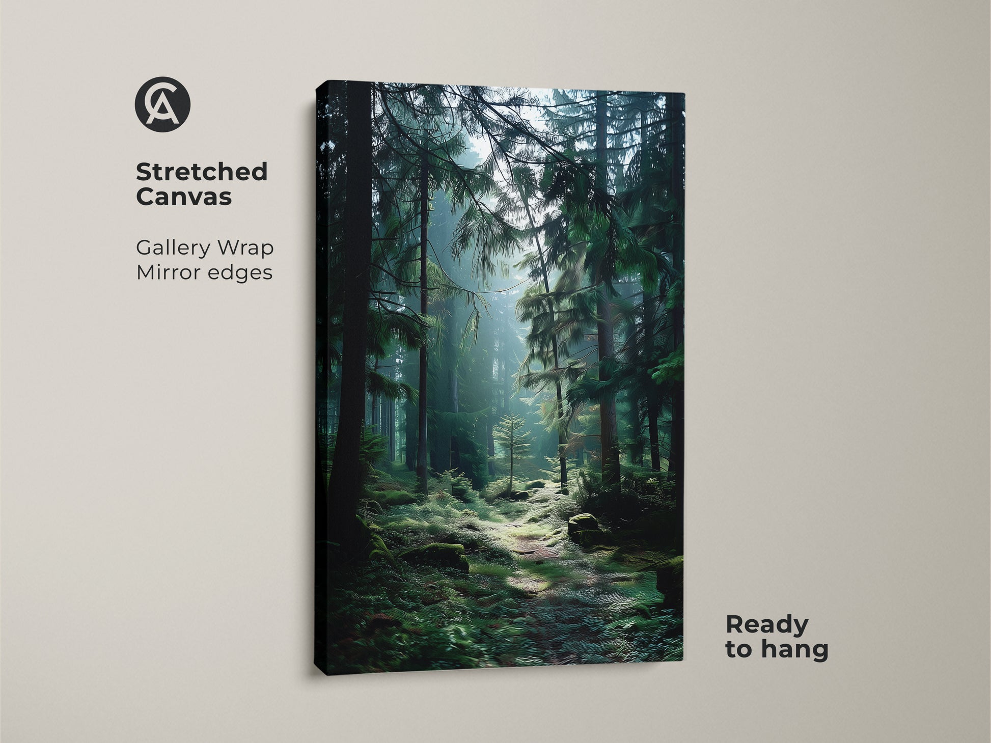 Stretched canvas displays deep green pine tree forest art. Gallery wrapped with mirrored edges. The misty landscape canvas is ready to hang. Ideal as rustic bedroom decor artwork or a woodland wall hanging.