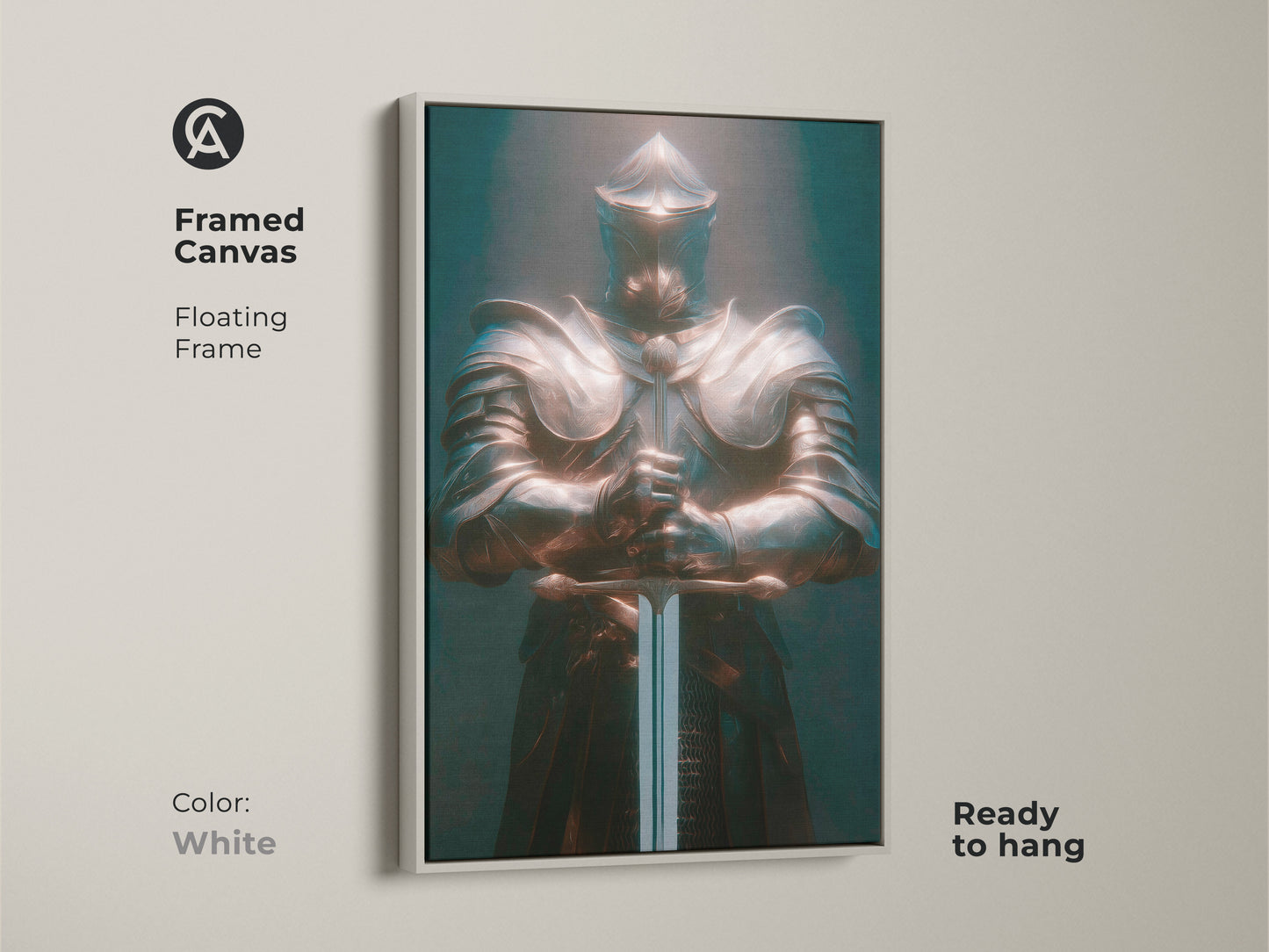 Framed canvas of a bronze teal knight. The floating frame is white. This gothic warrior wall art is ready to hang. The artwork shows a medieval knight in full armor. This art is perfect for dark fantasy decor. It can add an eclectic style to your office or man cave.