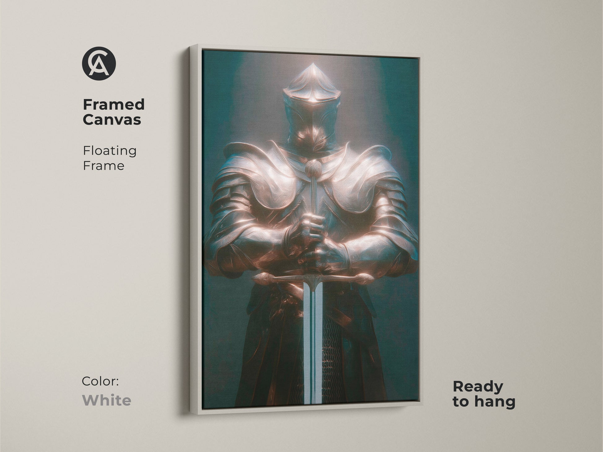 Framed canvas of a bronze teal knight. The floating frame is white. This gothic warrior wall art is ready to hang. The artwork shows a medieval knight in full armor. This art is perfect for dark fantasy decor. It can add an eclectic style to your office or man cave.