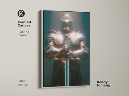 Framed canvas of a bronze teal knight. The floating frame is white. This gothic warrior wall art is ready to hang. The artwork shows a medieval knight in full armor. This art is perfect for dark fantasy decor. It can add an eclectic style to your office or man cave.