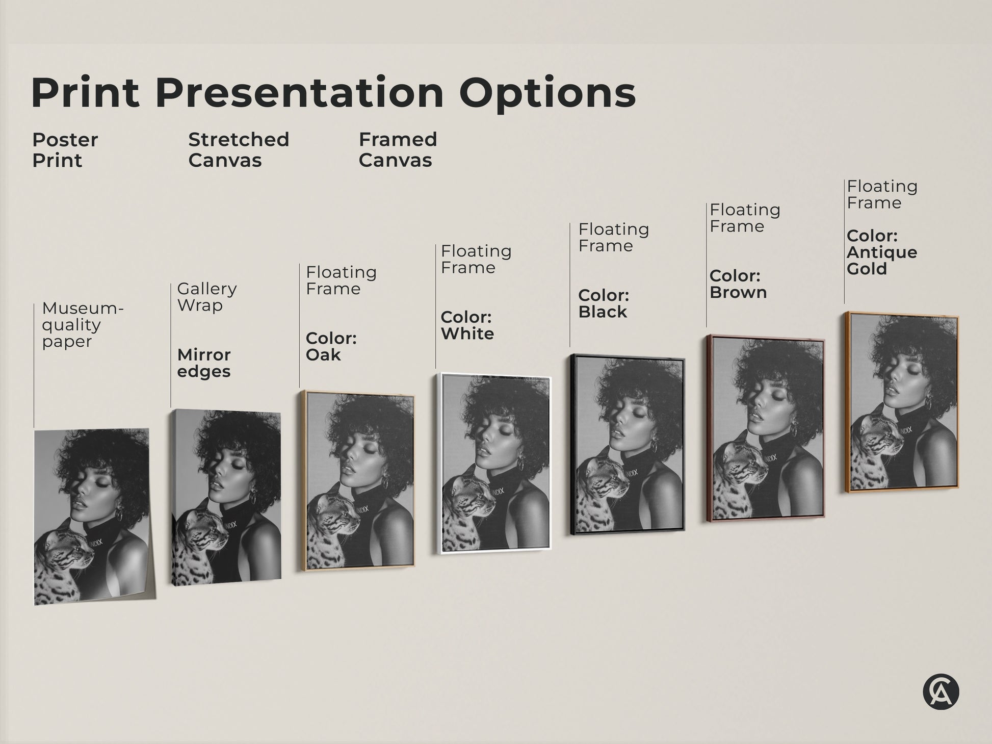 Explore print presentation options for monochrome woman and Bengal cat art. Choose from poster prints stretched canvases or framed canvases in various colors. Enhance your space with chic contemporary artwork today.