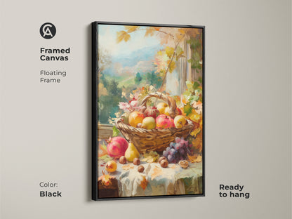 Framed canvas art print featuring a fruit basket still life. The oil painting showcases apples pears grapes pomegranates & nuts. The floating frame adds elegance and is ready to hang. Perfect for autumn harvest wall decor in black.