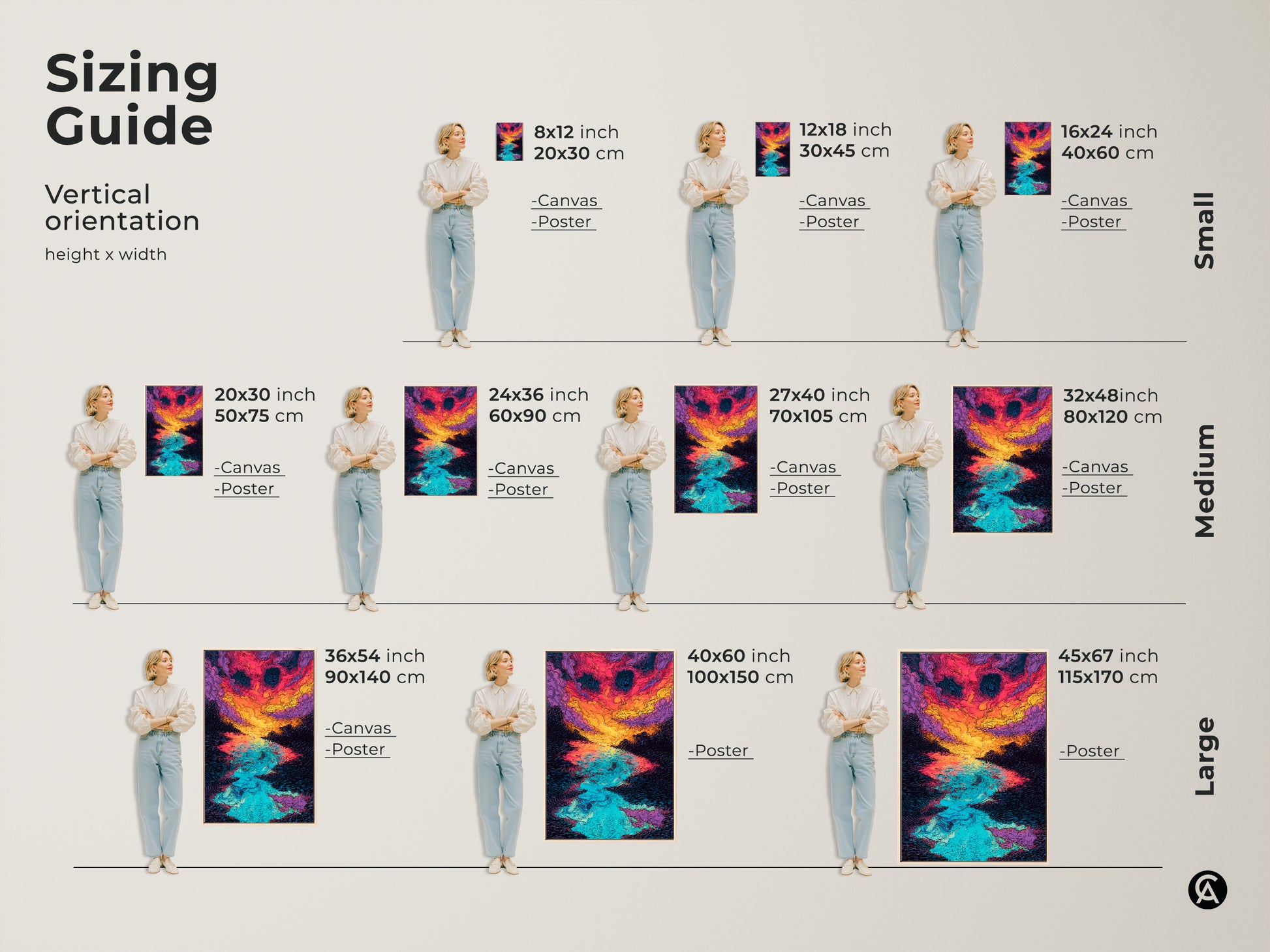 Sizing guide for vertical abstract sunset over water artwork. The guide shows canvas and poster options in small medium and large sizes. Find the perfect size for your space.