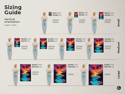 Sizing guide for vertical abstract sunset over water artwork. The guide shows canvas and poster options in small medium and large sizes. Find the perfect size for your space.