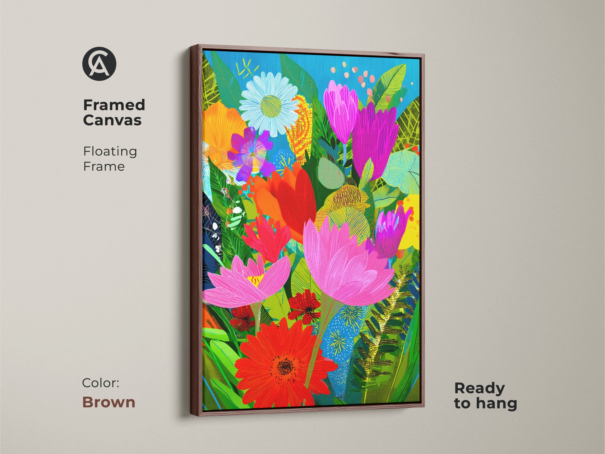 Brown framed canvas of abstract floral wall art. This botanical art print brings a boho touch to your space. The colorful flower art is a modern folk art statement. Ready to hang with a floating frame. Ideal for plant lovers homes.