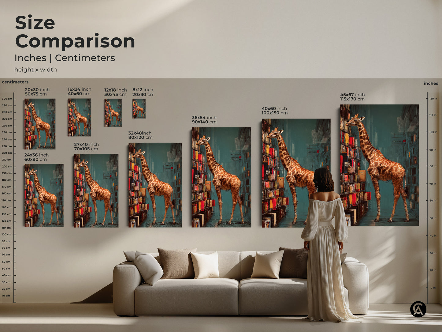 Size comparison of the giraffe bookshelf art print in various dimensions. This image helps you visualize the artwork's scale in inches and centimeters. Find the perfect size for your book themed decor and unique wall art needs.