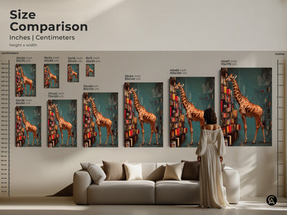 Size comparison of the giraffe bookshelf art print in various dimensions. This image helps you visualize the artwork's scale in inches and centimeters. Find the perfect size for your book themed decor and unique wall art needs.
