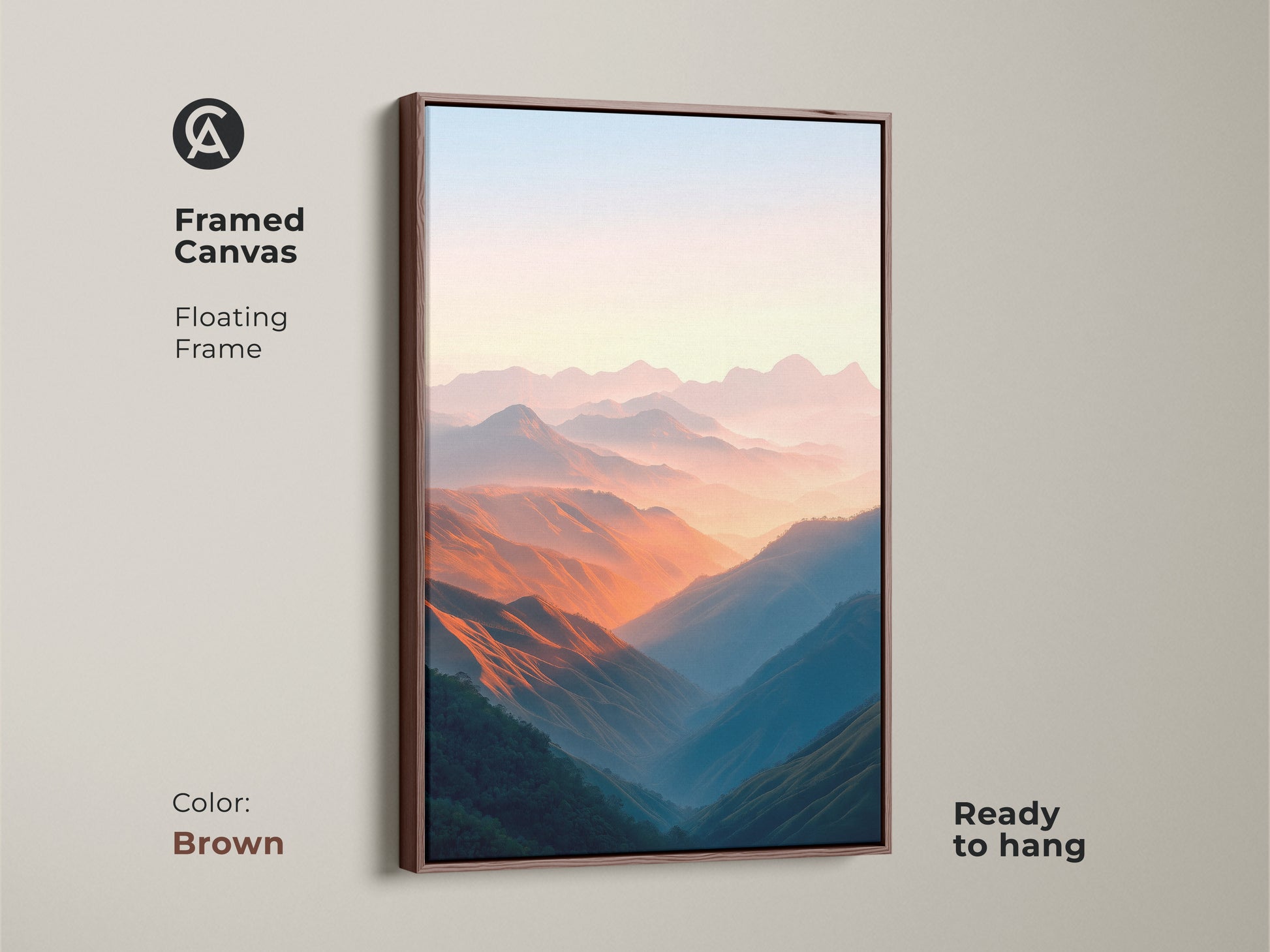 Framed in brown this peach and blue mountain valley canvas art adds warmth to any room. This contemporary landscape artwork brings a touch of nature inside. The floating frame adds sophistication. Enjoy this serene scenic art print it is ready to hang.