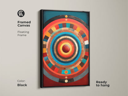 Framed canvas featuring concentric circle artwork. The floating frame showcases a modern abstract artwork. Gold teal and crimson art print is ready to hang. Perfect for eclectic entryway decor or as a housewarming gift art. The radiating patterns enhance any interior.