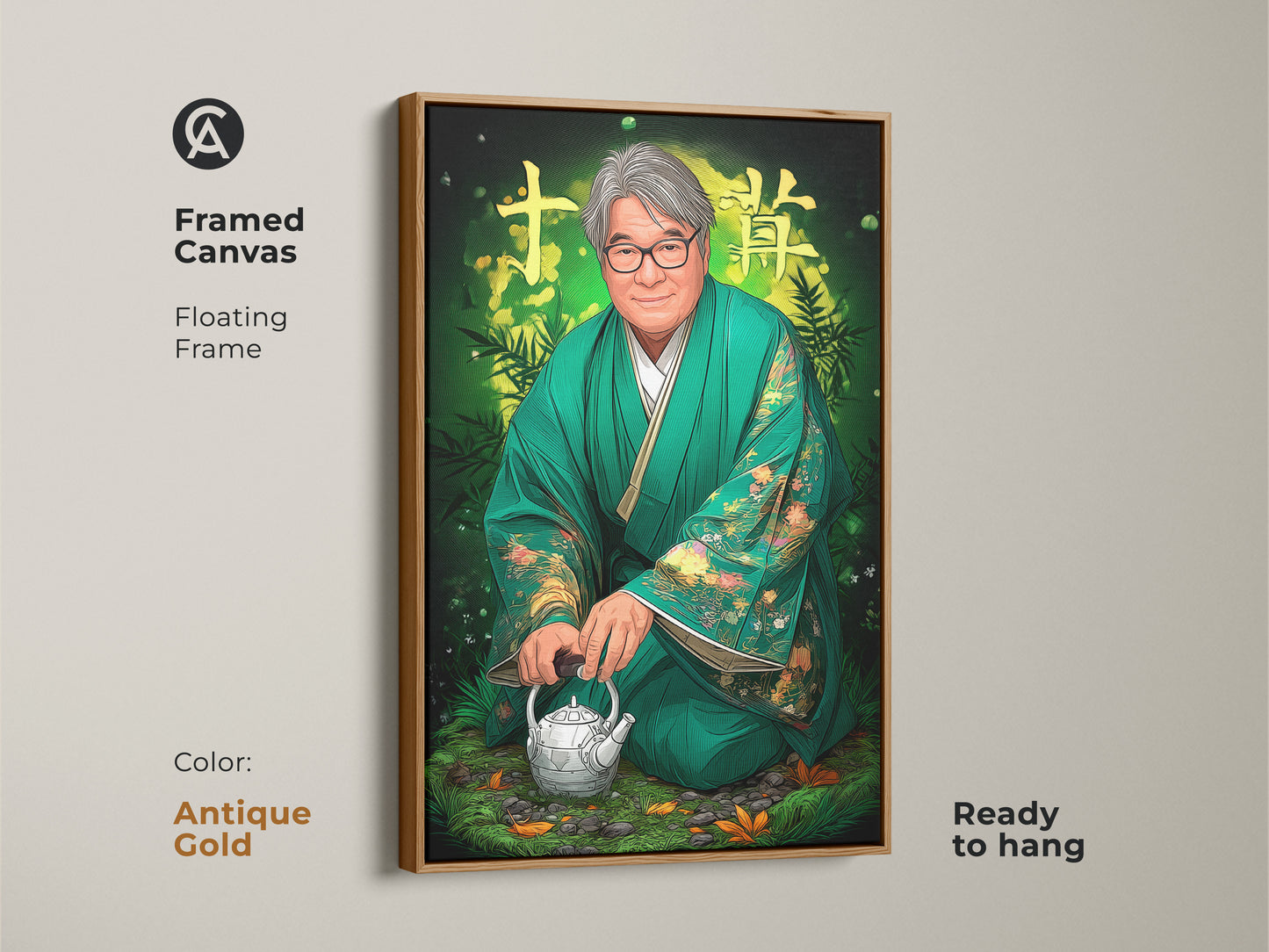 Framed canvas of a digital portrait wall art featuring a Japanese man in emerald green kimono. It's a ready to hang zen teapot canvas print with a floating antique gold frame. The cultural Asian art print would be great eclectic home decor art.
