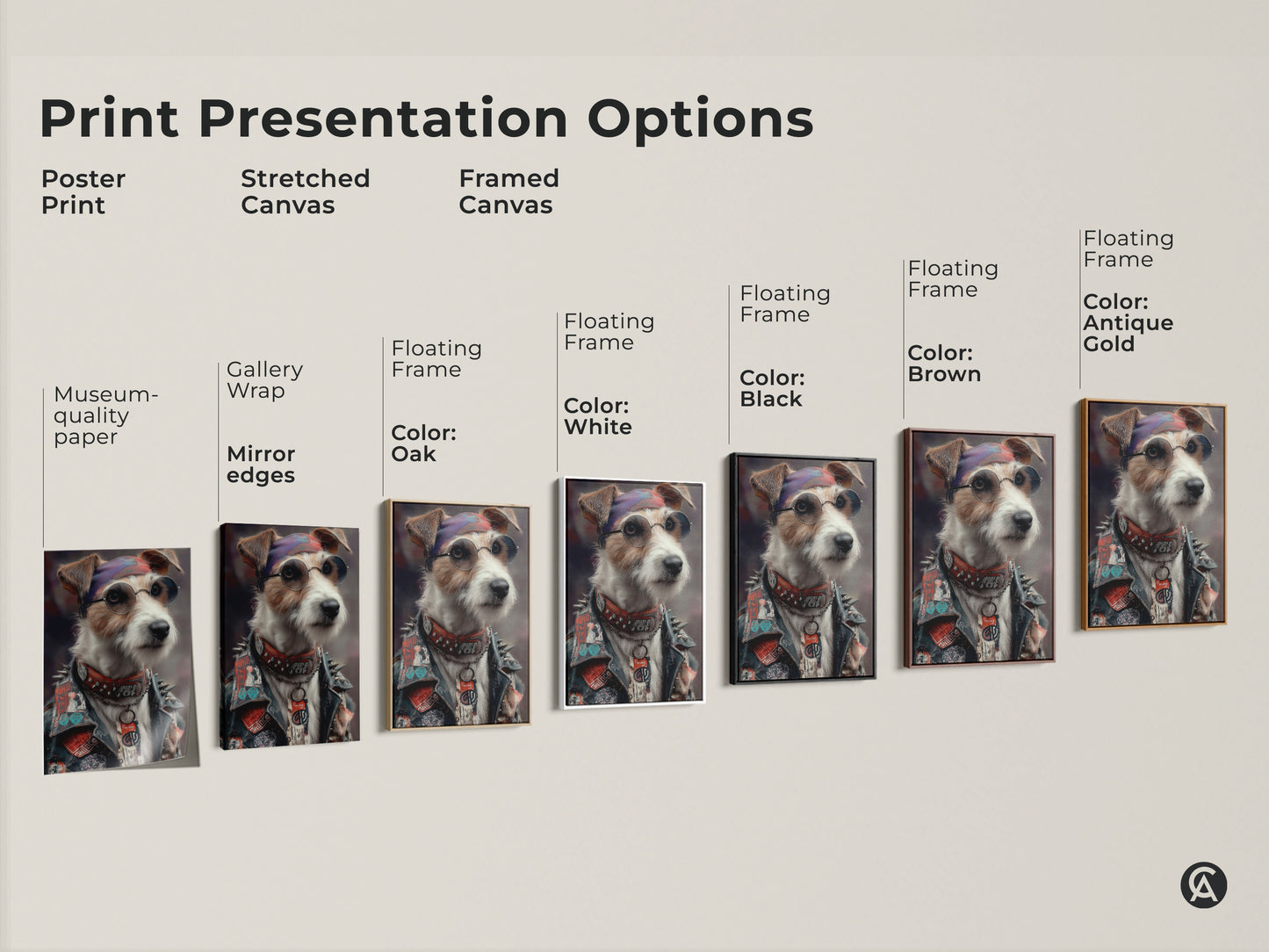 Explore print presentation options like poster prints. There are stretched canvases and framed canvas artwork. The cool dog art features a punk Jack Russell Terrier. It's available with museum-quality paper and mirror edges for eclectic wall art.